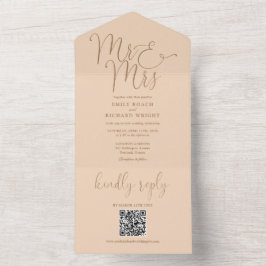 Invitación Todo En Uno Sr. Y Sra. Modern QR Code Soft Peach Boda
