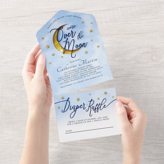 Invitación Todo En Uno Starry Over The Moon Blue Gold Baby Shower (desgarro)
