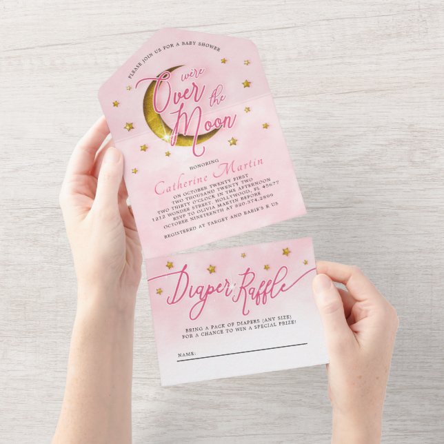Invitación Todo En Uno Starry Over The Moon Pink Gold Girl Shower (desgarro)