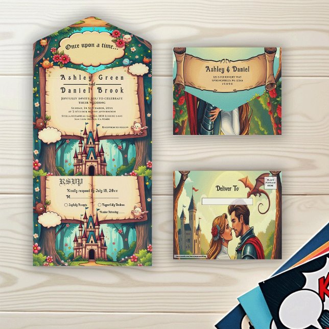 Invitación Todo En Uno Storybook Forest Woodland Castle Fairytale Wedding (Subido por el creador)