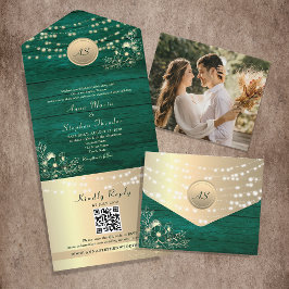 Invitación Todo En Uno String Lights Emerald Green Boda QR Code