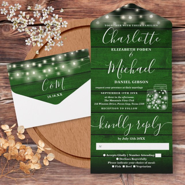 Invitación Todo En Uno String Lights Mason Jars Green Wood Boda (String Lights Mason Jars Green Wood Wedding All In One Invitation)