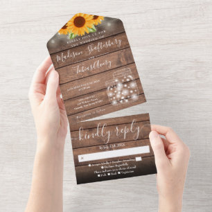 Invitación Todo En Uno String Lights Mason Jars Rustic Sunflower Boda