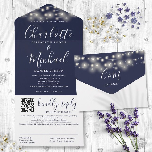 Invitación Todo En Uno String Lights Navy Blue Script QR Code Boda (String Lights Navy Blue Script QR Code Wedding All In One Invitation)