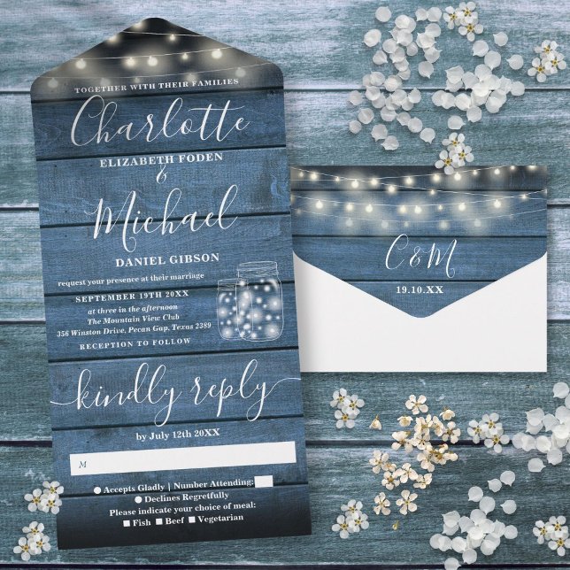 Invitación Todo En Uno String Luces Mason Jars Blue Rustic Wood Boda (String Lights Mason Jars Blue Rustic Wood Wedding All In One Invitation)