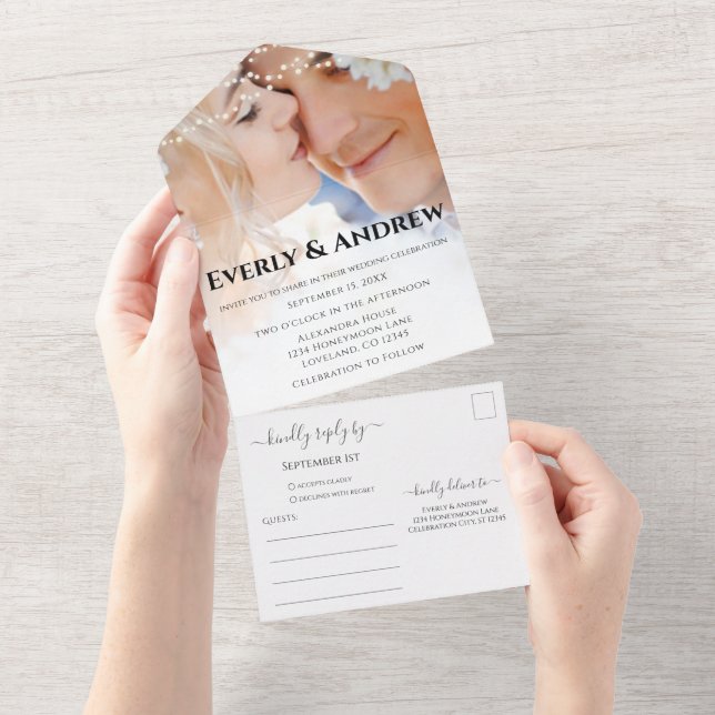 Invitación Todo En Uno Su foto Boda de luz de cadena moderna y simple (desgarro)