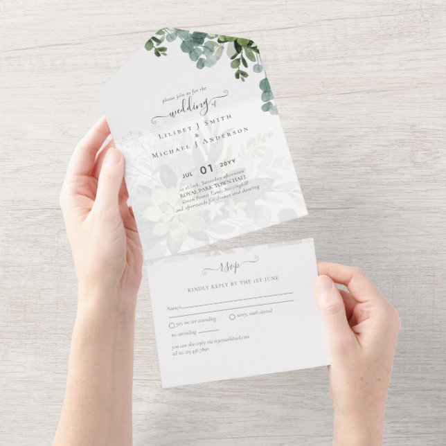 Invitación Todo En Uno Sublime Dusty Blue GREENERY Eucalyptus BODA (desgarro)