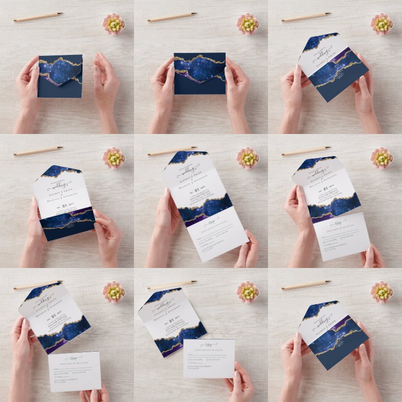 Invitación Todo En Uno Sublime Suite de Boda Agata Azul Dorado