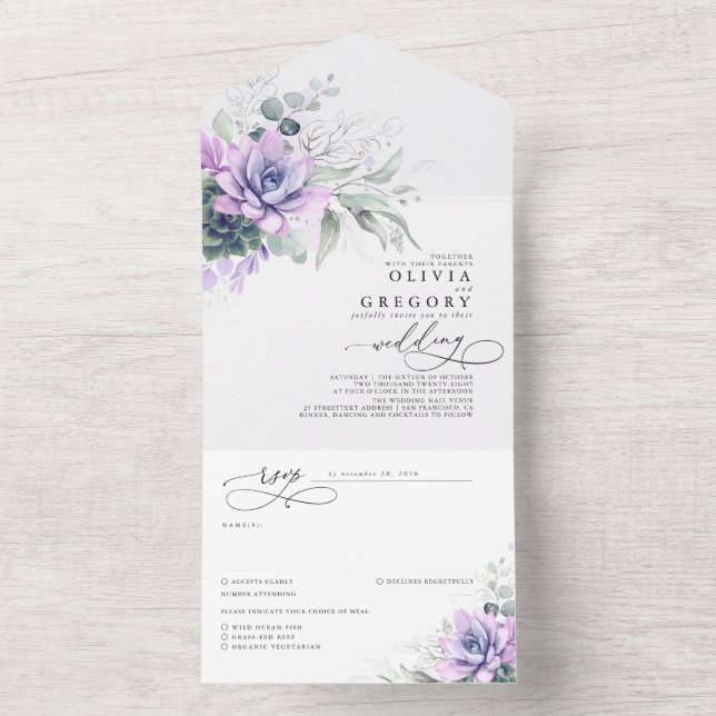 Invitación Todo En Uno Suculenta vegetación y hojas plateadas Boda (Interior)