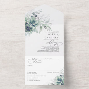 Invitación Todo En Uno Suculenta vegetación y hojas plateadas Boda