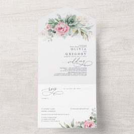 Invitación Todo En Uno Suculentas flores verdes y rosas Boda Boho