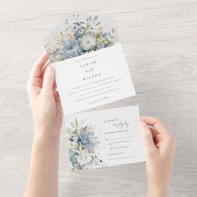 Invitación Todo En Uno Suculento Boda botánico floral suave azul verde (desgarro)