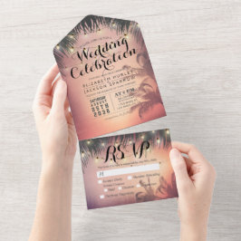 Invitación Todo En Uno Summer Beach Palm Tree String Lights Wedding RSVP