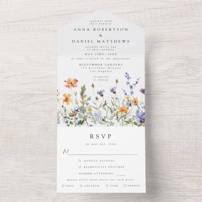 Invitación Todo En Uno Summer Wildflower Garden Wedding (Interior)