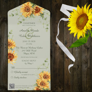 Invitación Todo En Uno Sunflower color de agua en verde sabio con código