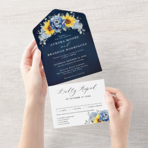 Invitación Todo En Uno Sunflower Dusty Blue Slate Peony Floral Boda Al
