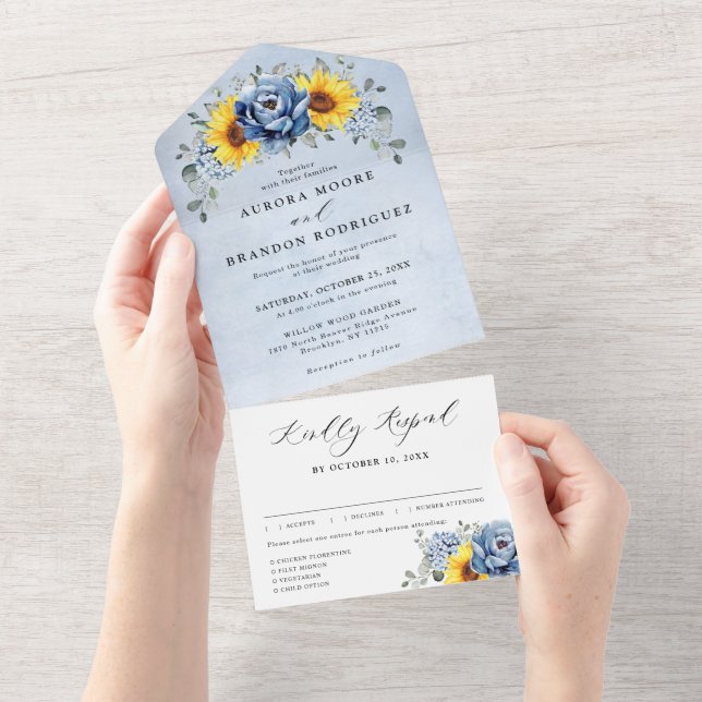 Invitación Todo En Uno Sunflower Dusty Blue Slate Peony Floral Boda Al (desgarro)