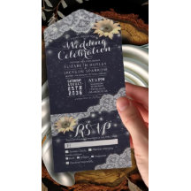 Sunflower String Light Navy Blue Wedding RSVP