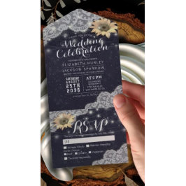 Invitación Todo En Uno Sunflower String Light Navy Blue Wedding RSVP