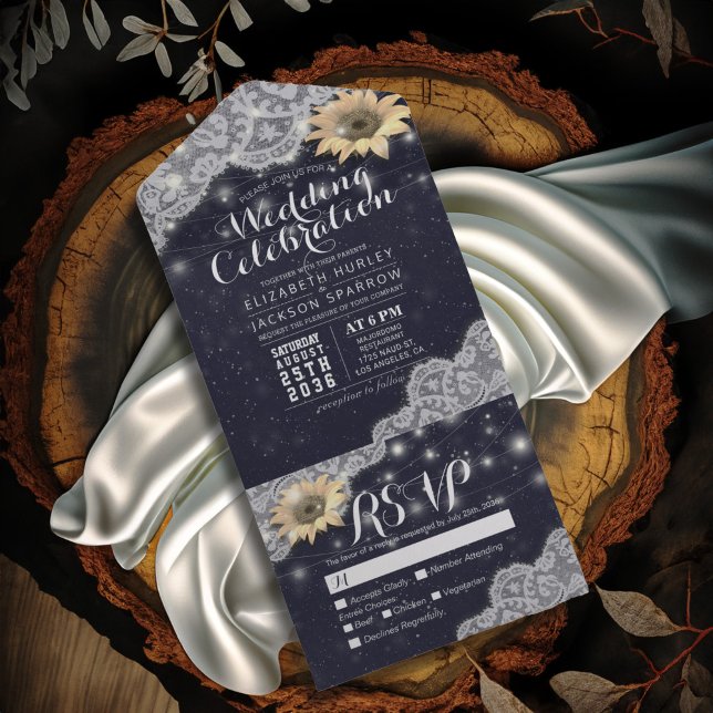 Invitación Todo En Uno Sunflower String Light Navy Blue Wedding RSVP (Subido por el creador)