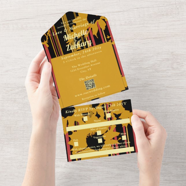 Invitación Todo En Uno Sunflower Sunset Coral Gold Modern Wedding (desgarro)