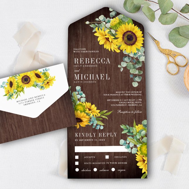 Invitación Todo En Uno Sunflower y Boda de Eucalipto de Madera Rústica (Subido por el creador)