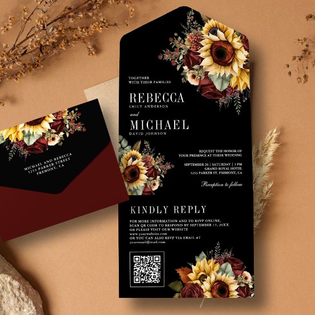 Invitación Todo En Uno Sunflowers Burgundy Floral QR Code Black Boda (Subido por el creador)