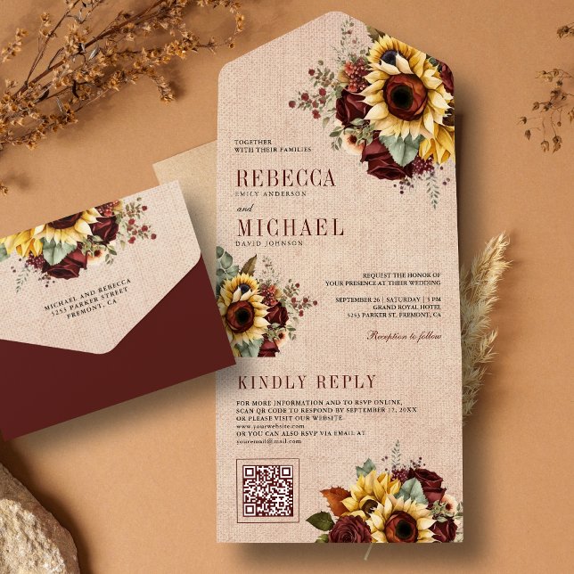 Invitación Todo En Uno Sunflowers Burgundy Floral QR Code Burlap Boda (Subido por el creador)