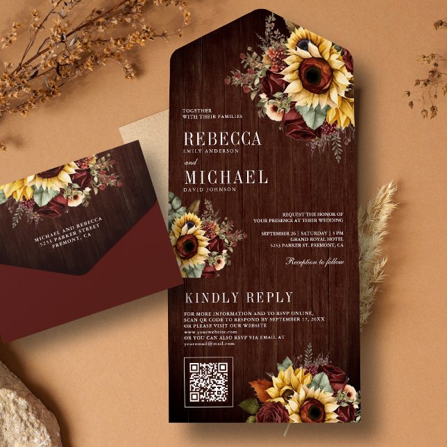 Invitación Todo En Uno Sunflowers Burgundy Floral QR Code Wood Boda (Subido por el creador)