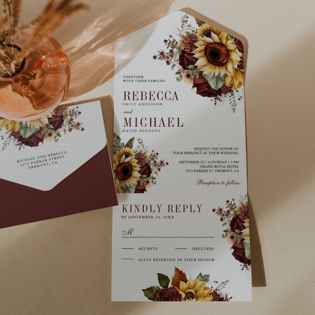 Invitación Todo En Uno  Sunflowers Burgundy Floral Wedding (Subido por el creador)
