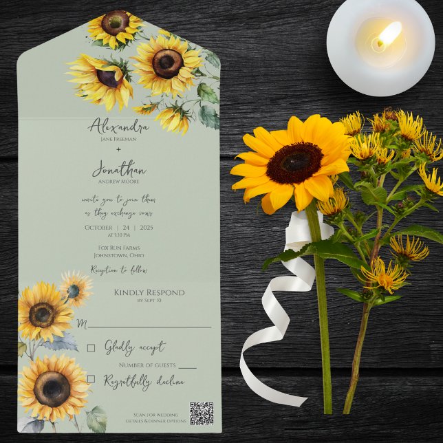 Invitación Todo En Uno Sunflowers en Sage Green QR Code (Subido por el creador)