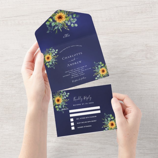 Invitación Todo En Uno Sunflowers eucalipto verde boda azul marino (desgarro)
