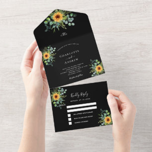 Invitación Todo En Uno Sunflowers eucalipto verde boda negro