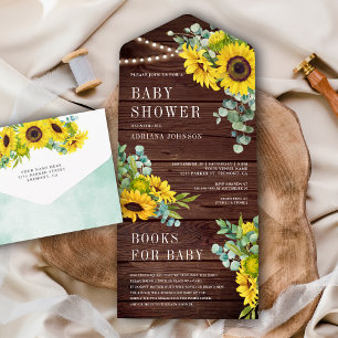 Invitación Todo En Uno Sunflowers Eucalyptus deja Barn Wood Baby Shower