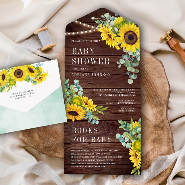 Invitación Todo En Uno Sunflowers Eucalyptus deja Barn Wood Baby Shower (Subido por el creador)