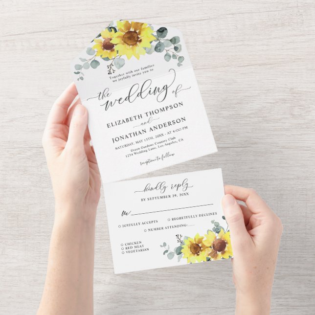 Invitación Todo En Uno Sunflowers Eucalyptus Navy Floral Wedding RSVP (desgarro)