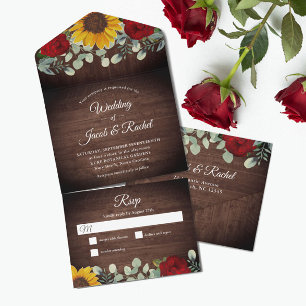 Invitación Todo En Uno Sunflowers Eucalyptus Red Roses Rústico Boda