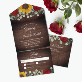 Invitación Todo En Uno Sunflowers Eucalyptus Red Roses Rústico Boda