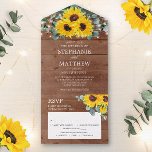 Invitación Todo En Uno Sunflowers Eucalyptus String Lights Lights Wood Bo