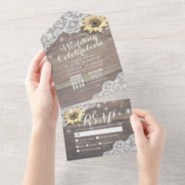 Invitación Todo En Uno Sunflowers Lace Rustic Wood String Lights Boda
