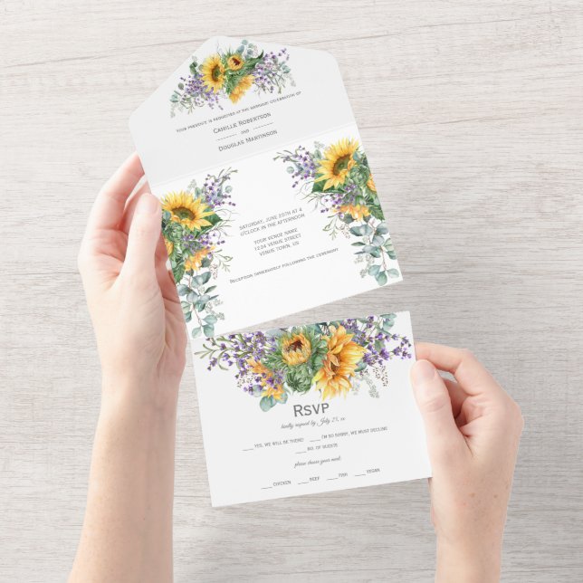Invitación Todo En Uno Sunflowers Lavender Eucalyptus | (desgarro)