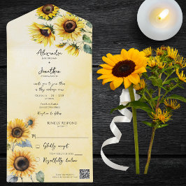 Invitación Todo En Uno Sunflowers on Watercolor Gold con código QR