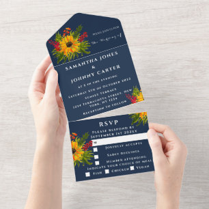 Invitación Todo En Uno Sunflowers Rustic Naval Cae acuarela floral
