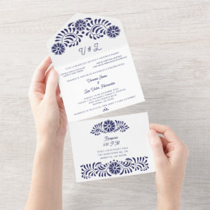 Invitación Todo En Uno Talavera mexicana azul con nombre de los padres