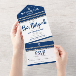 Invitación Todo En Uno Talit Bar Mitzvah Azul Marino Letra Simple Moderno