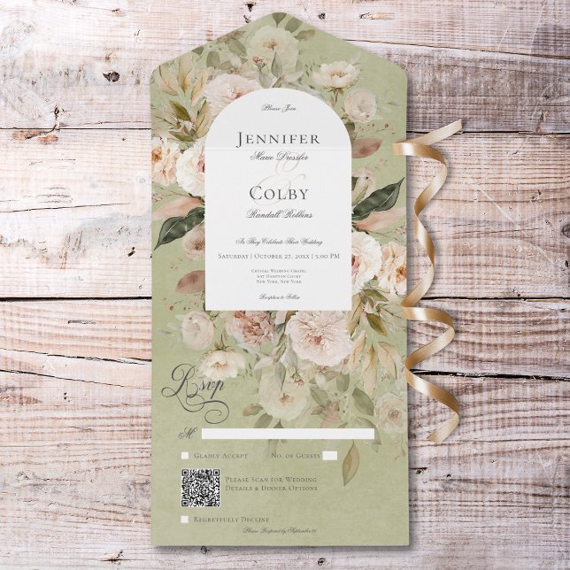 Invitación Todo En Uno Tan Neutral Rústico y Arco Floral Verde Código QR (Rustic Neutral Tan & Green Floral Arch QR Code All In One Invitation)
