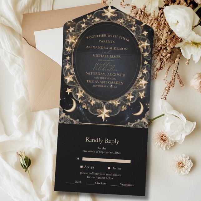Invitación Todo En Uno Tarot Boda celeste Sun Moon Stars Gold (Subido por el creador)