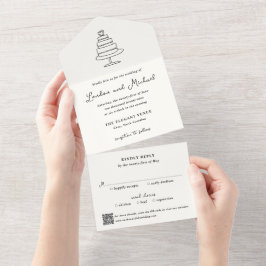 Invitación Todo En Uno Tarta Dibujada a Mano Código QR Boda Moderna