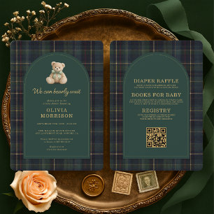 Invitación Todo en uno Tartán Oso Casi Espera Verde Baby Show