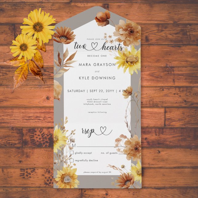 Invitación Todo En Uno Taupe de girasol ruso y blanco otoñal sin cena (Rustic Autumn Sunflower Taupe & White No Dinner All In One Invitation)